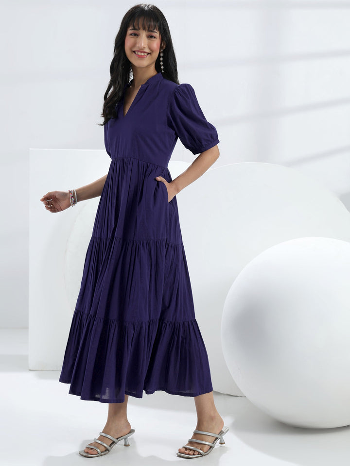 Navy Blue Solid Cotton One-Piece Tiered Dress
