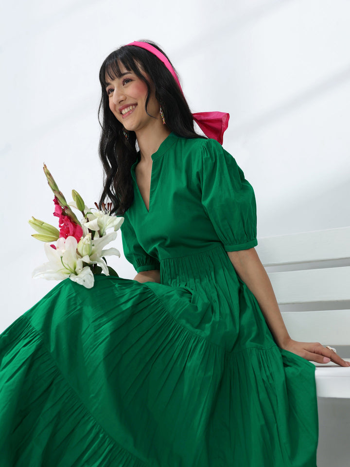 Green Solid Cotton One-Piece Tiered Dress