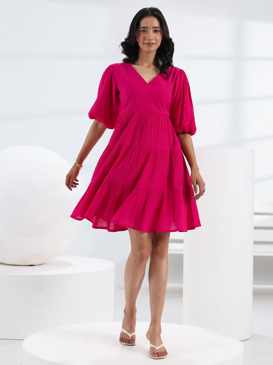 Pink Solid Cotton Fit-And-Flare One Piece Dress