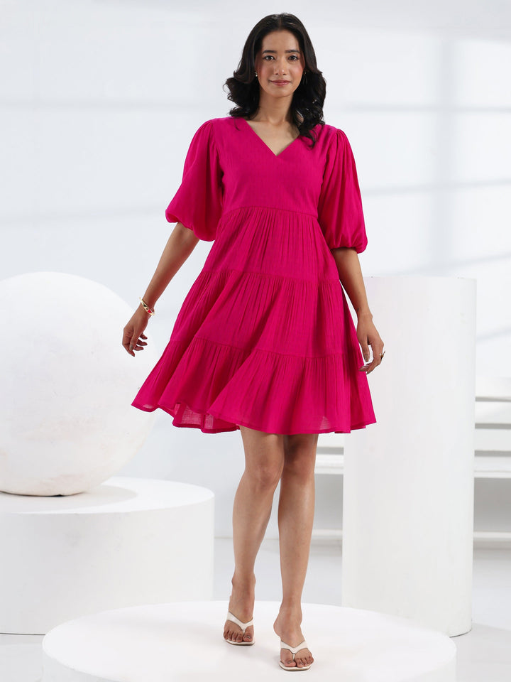 Pink Solid Cotton Fit-And-Flare One Piece Dress