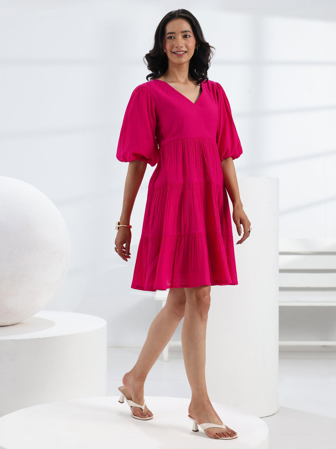 Pink Solid Cotton Fit-And-Flare One Piece Dress