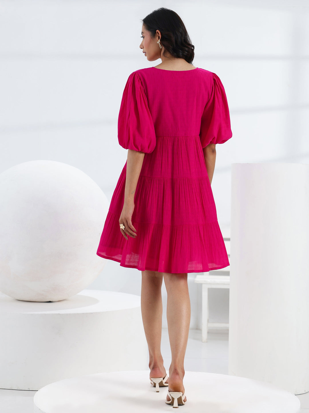 Pink Solid Cotton Fit-And-Flare One Piece Dress