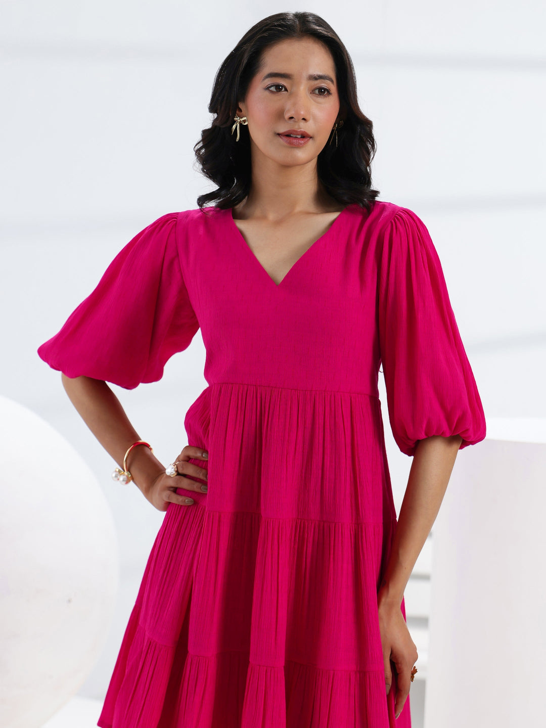 Pink Solid Cotton Fit-And-Flare One Piece Dress