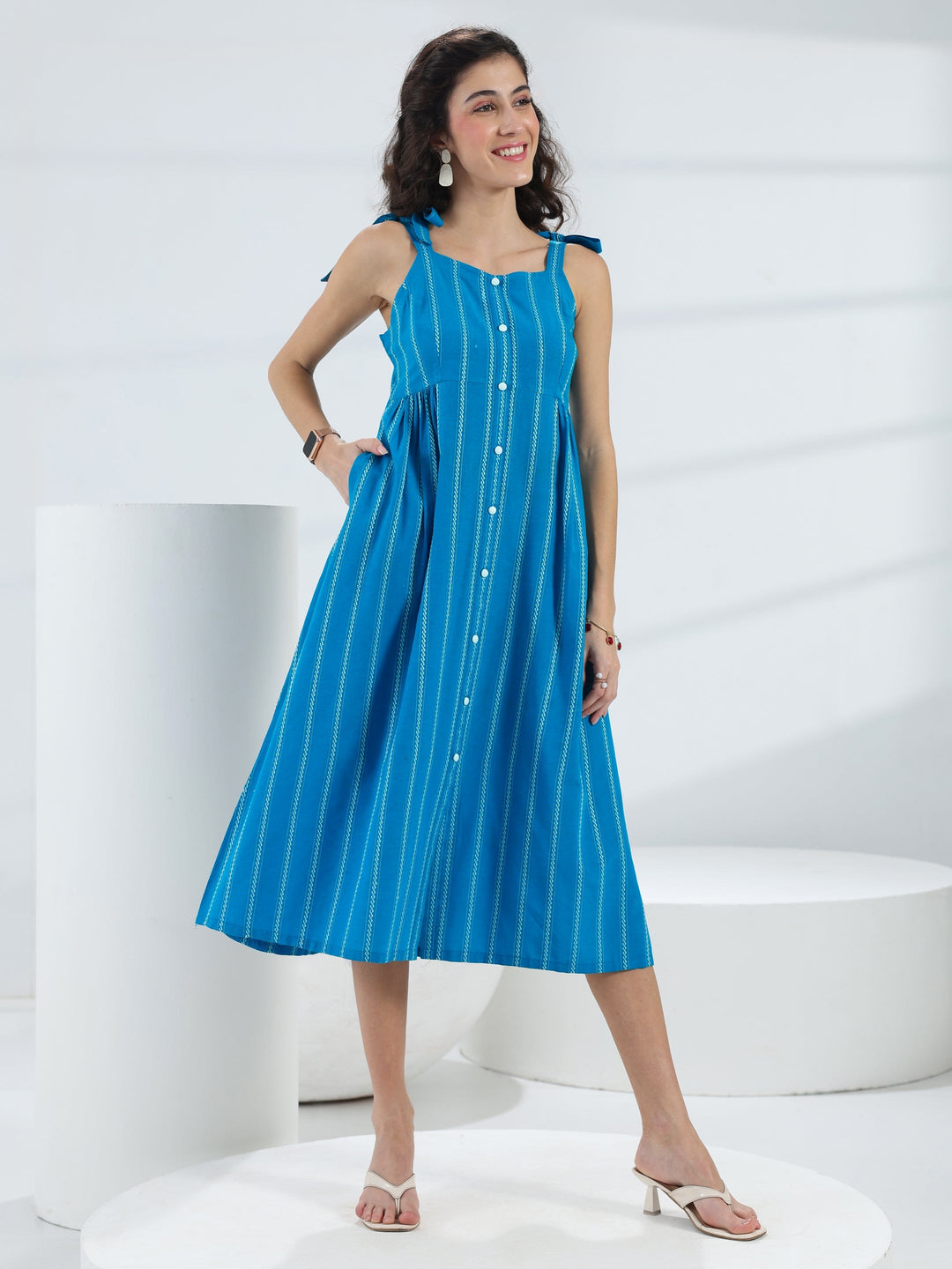 Blue Striped Woven Design Cotton Blend A-Line One-Piece Dress