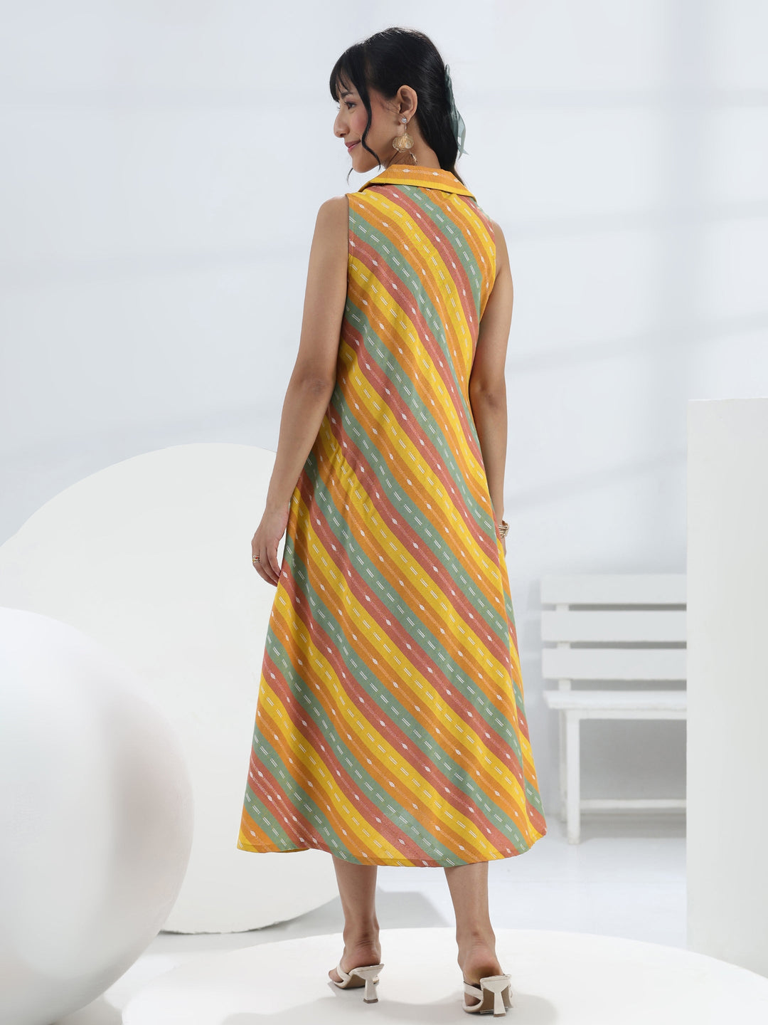 Multi-Colour Woven Design A-Line Cotton Blend One-Piece Collar Dress