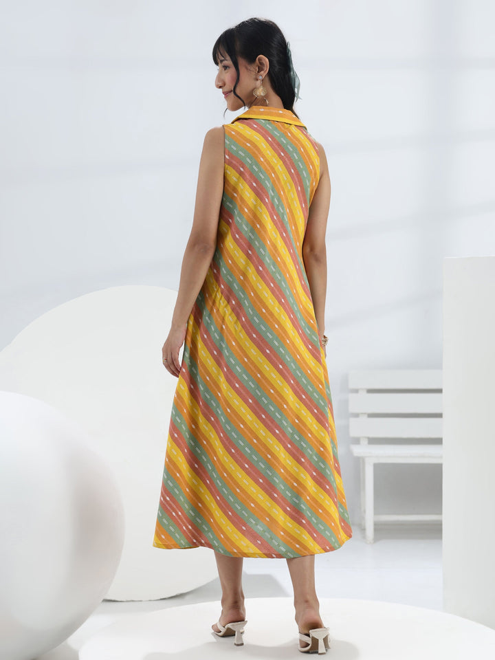 Multi-Colour Woven Design A-Line Cotton Blend One-Piece Collar Dress