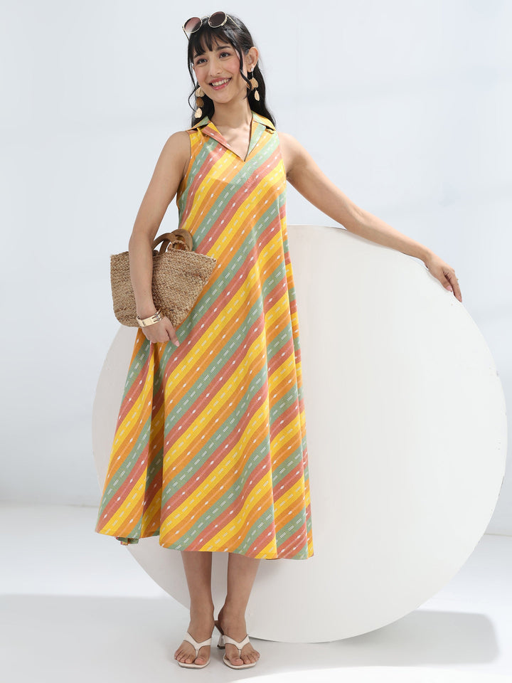 Multi-Colour Woven Design A-Line Cotton Blend One-Piece Collar Dress
