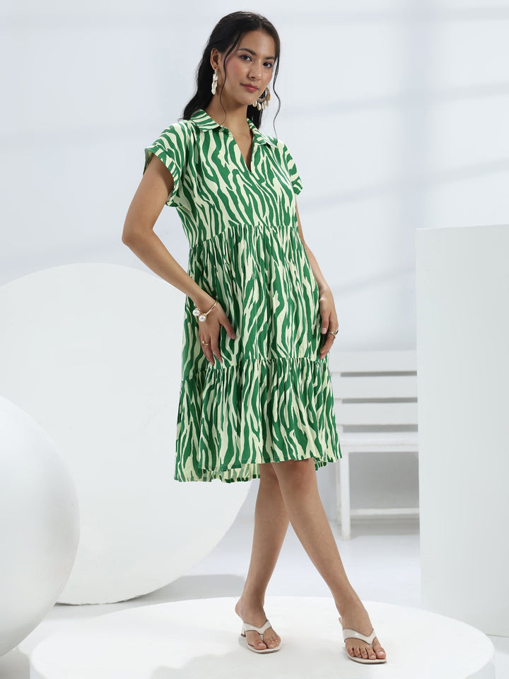 Green Abstract Printed Rayon One-Piece Dress