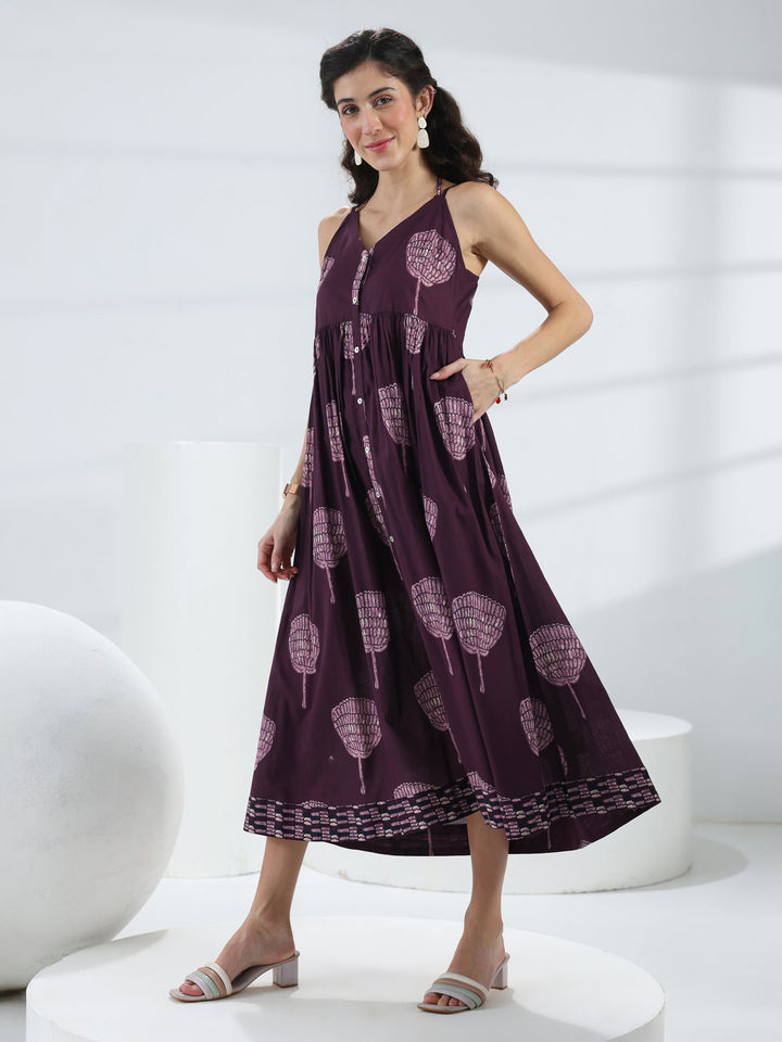 Burgundy Quirky Printed Cotton A-Line One-Piece Dress
