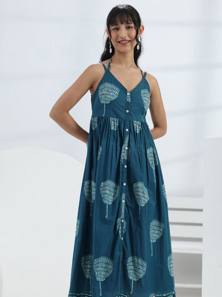 Blue Printed A-Line Cotton One-Piece Dress