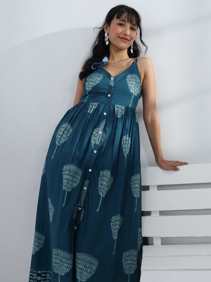 Blue Printed A-Line Cotton One-Piece Dress