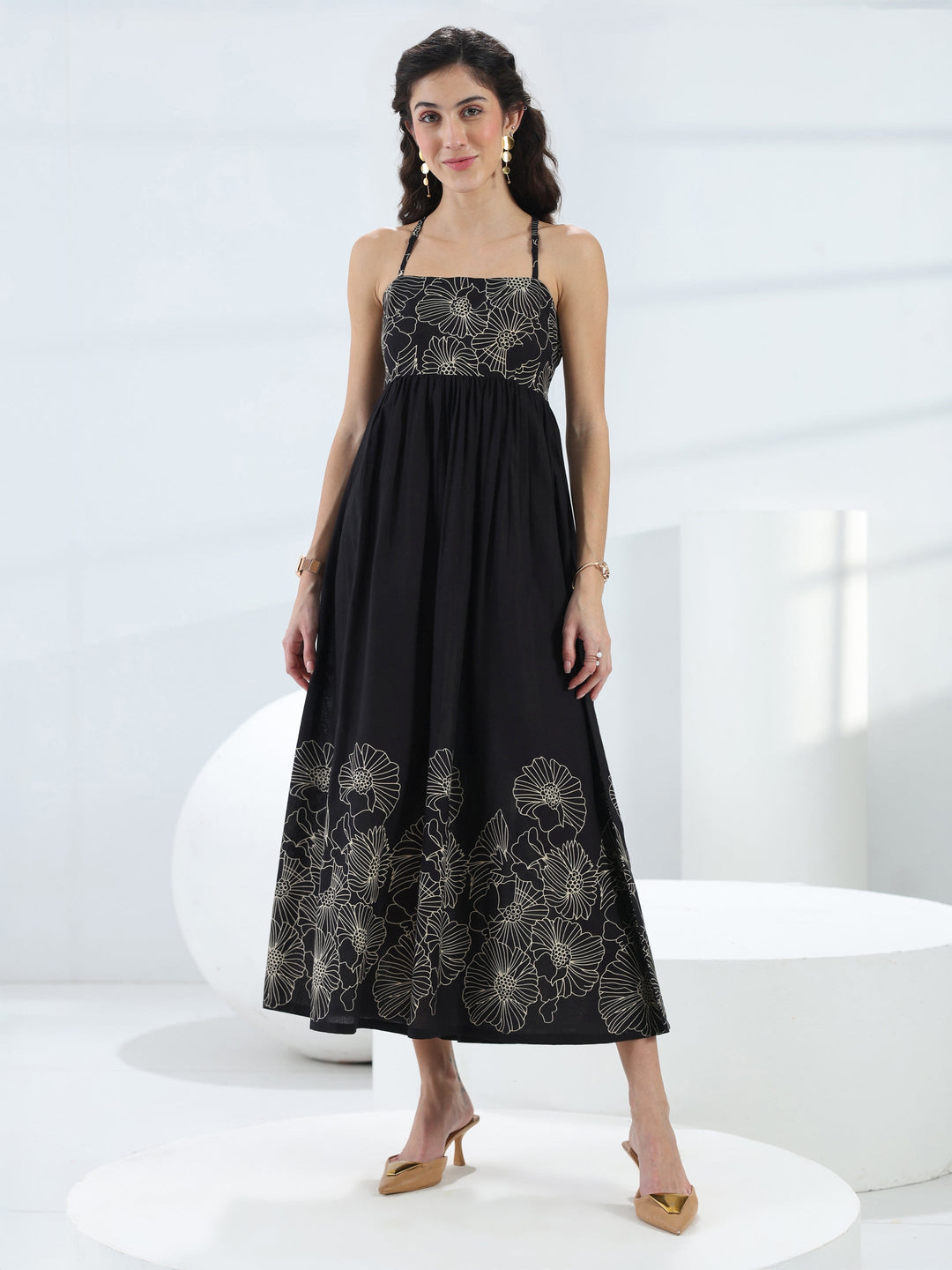Libas Black Floral Printed Cotton Fit-And-Flare One-Piece Dress