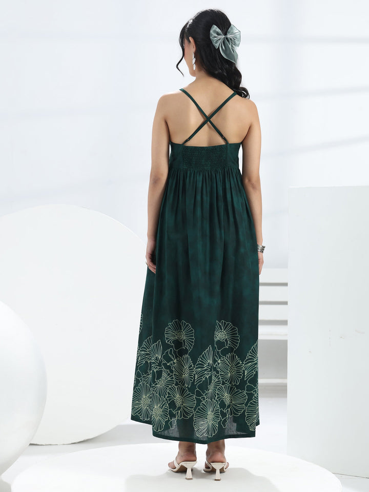 Green Floral Printed Cotton Fit And Flare One Piece Dress