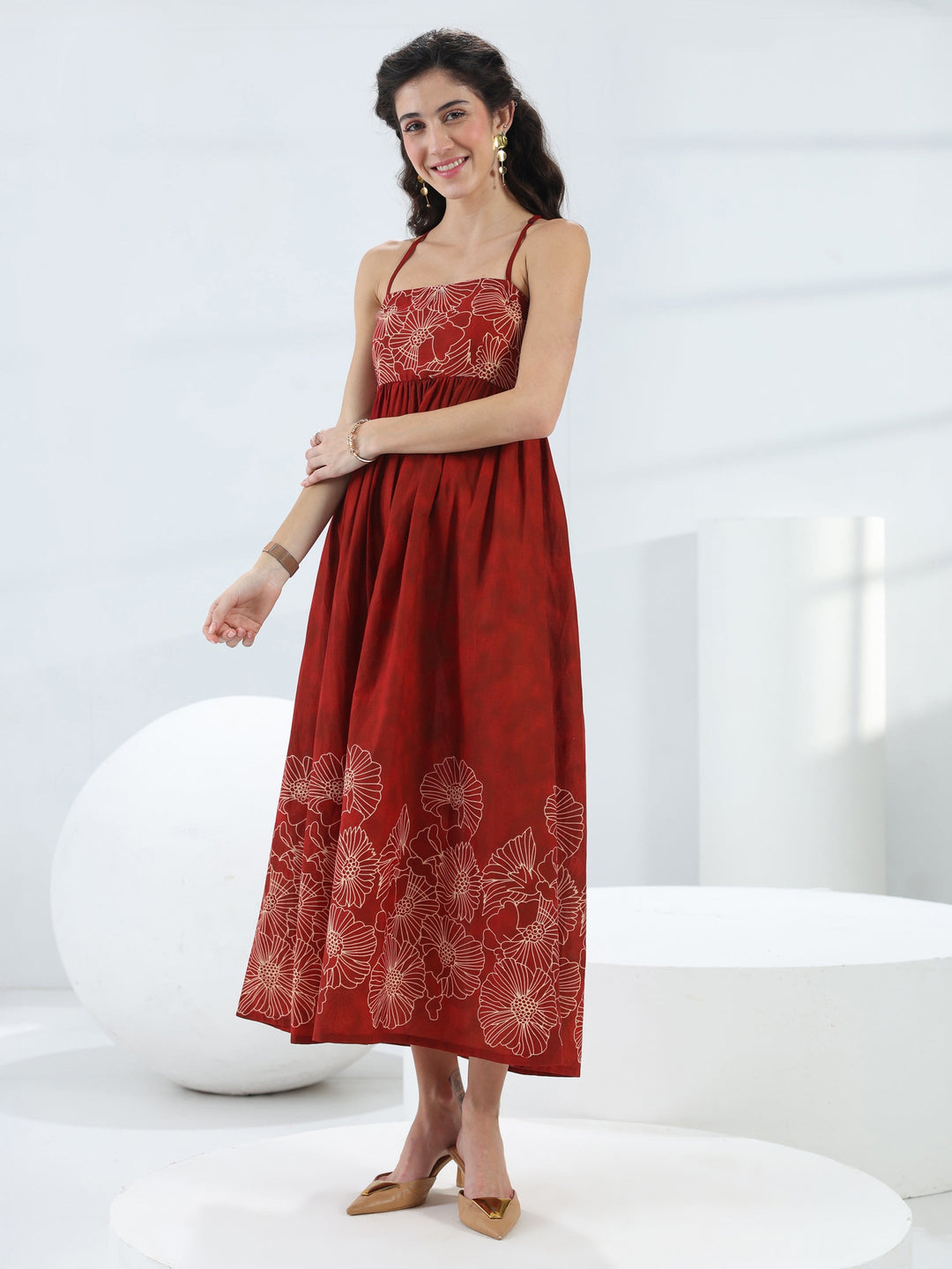 Rust Floral Printed Cotton Fit-And-Flare One-Piece Dress