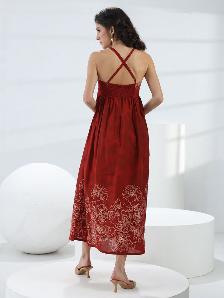 Rust Floral Printed Cotton Fit-And-Flare One-Piece Dress