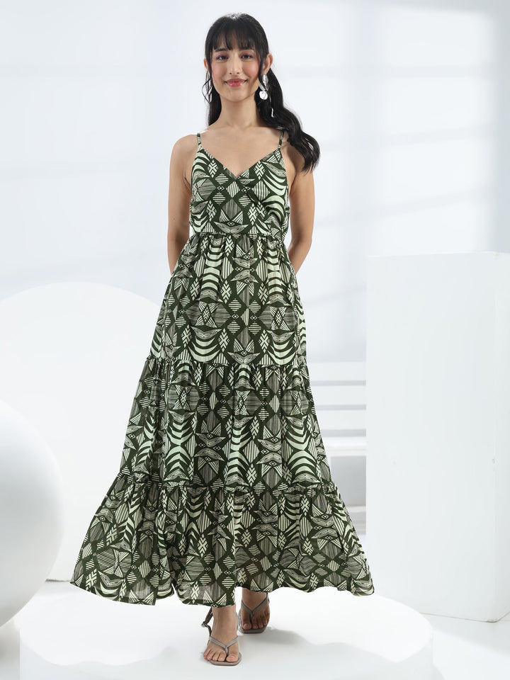 Green Abstract Printed Cotton One-Piece Tiered Dress