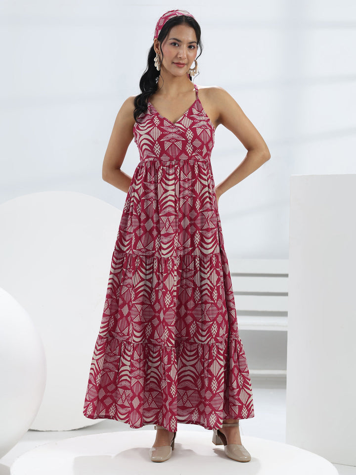 Pink Abstract Printed Cotton A-Line One-Piece Tiered Dress