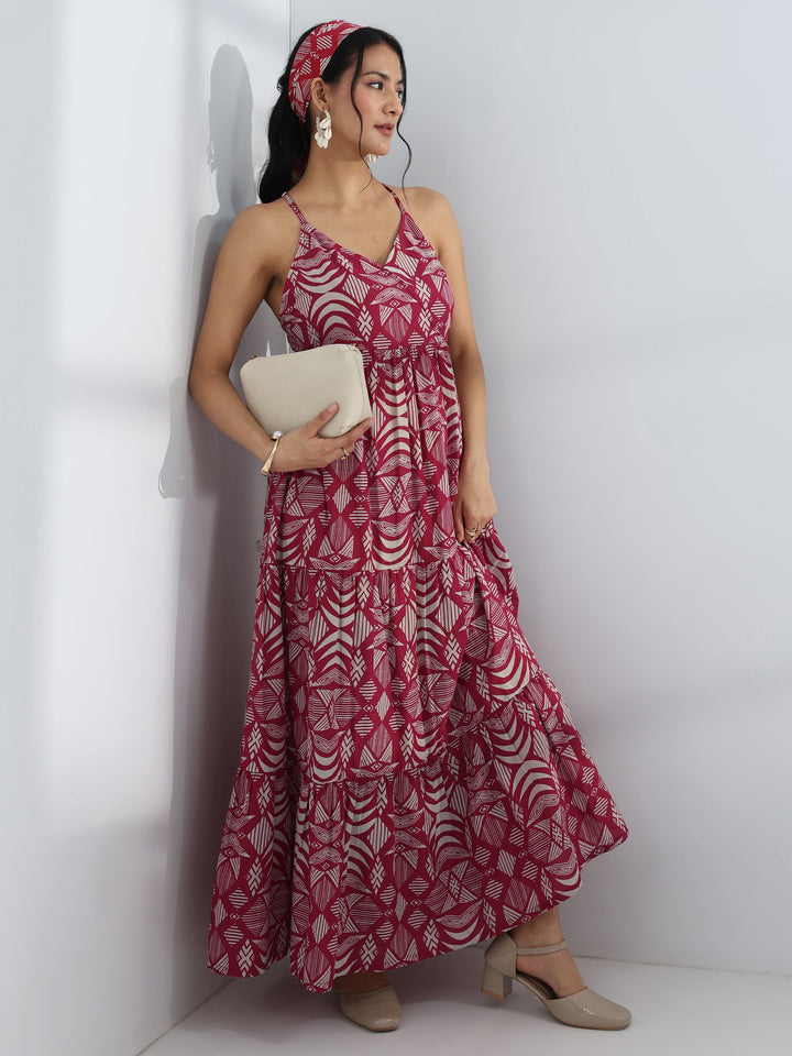 Pink Abstract Printed Cotton A-Line One-Piece Tiered Dress