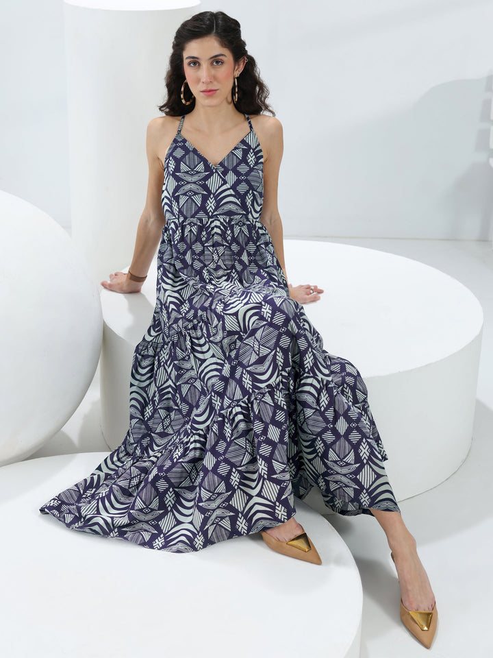 Blue Abstract Printed Cotton Fit-And-Flare One-Piece Tiered Dress