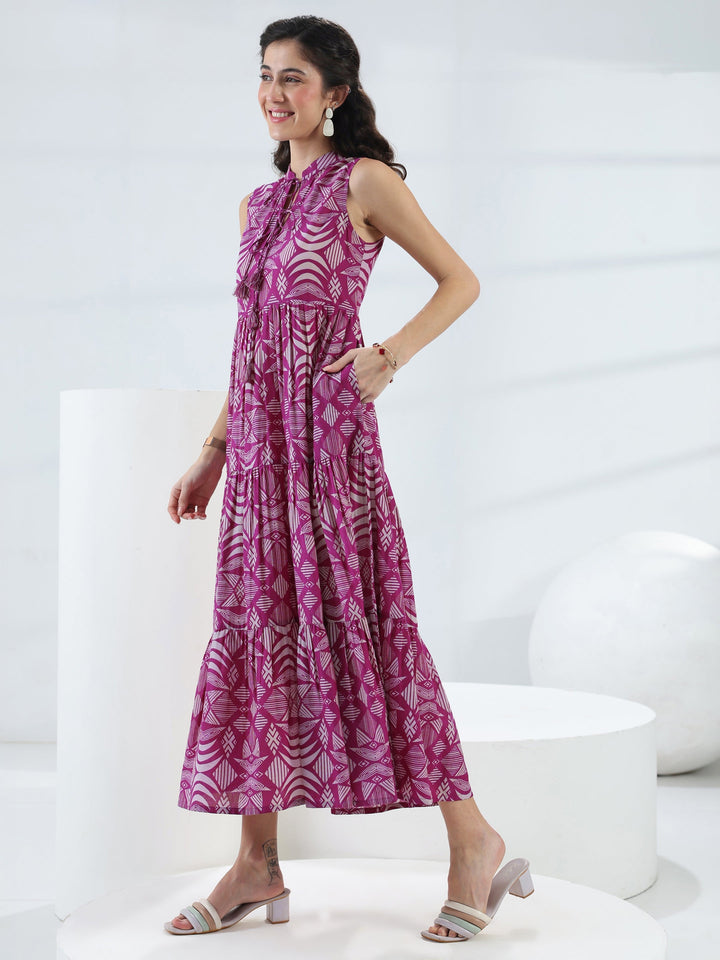 Pink Abstract Printed Cotton Fit-And-Flare One-Piece Tiered Dress