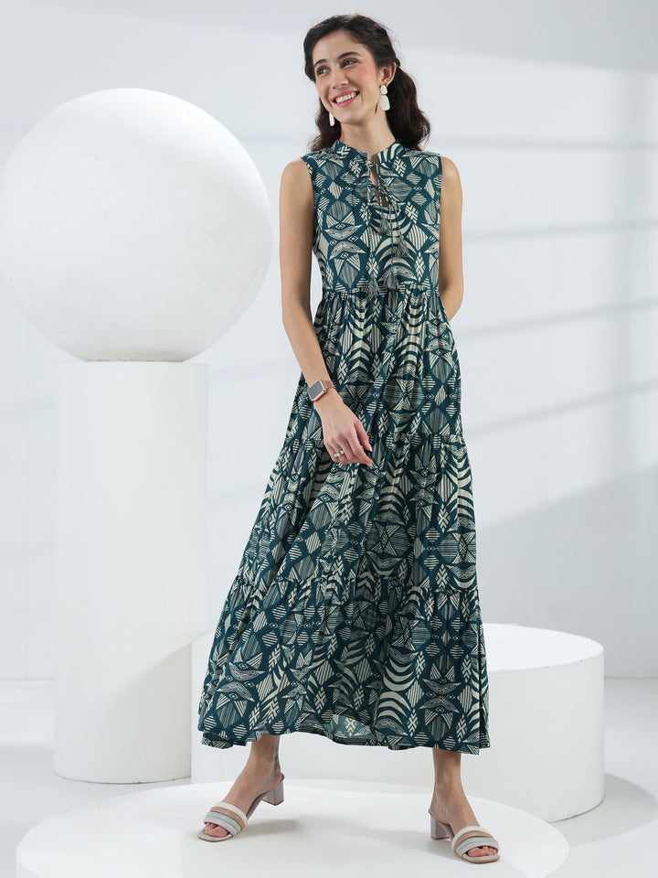 Blue Abstract Printed Cotton Fit-And-Flare One-Piece Tiered Dress