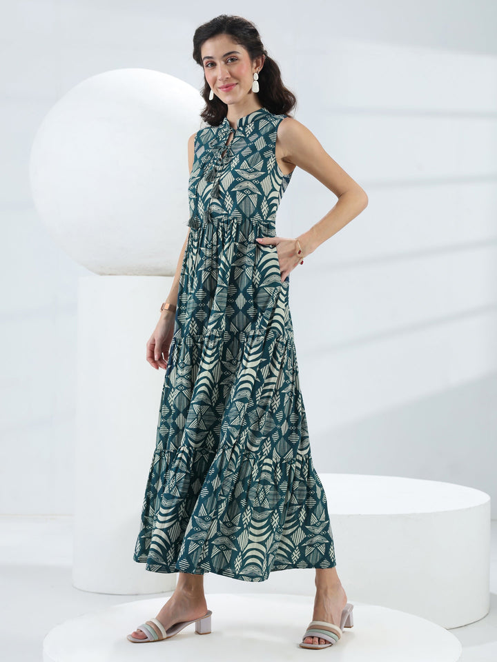 Blue Abstract Printed Cotton Fit-And-Flare One-Piece Tiered Dress
