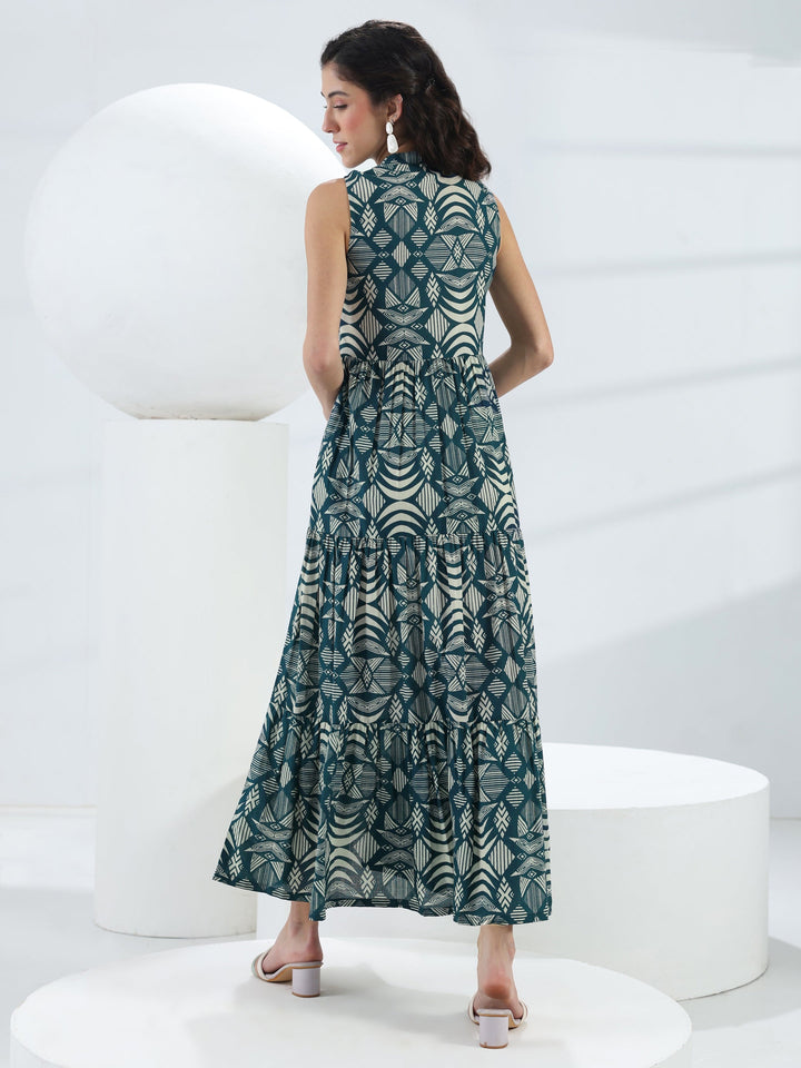 Blue Abstract Printed Cotton Fit-And-Flare One-Piece Tiered Dress