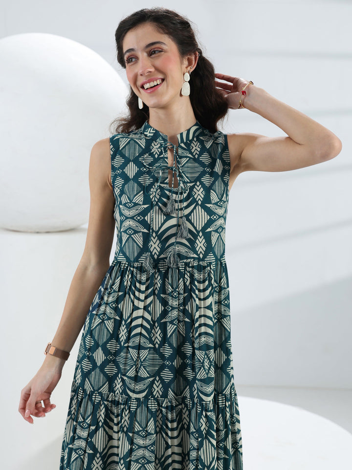 Blue Abstract Printed Cotton Fit-And-Flare One-Piece Tiered Dress
