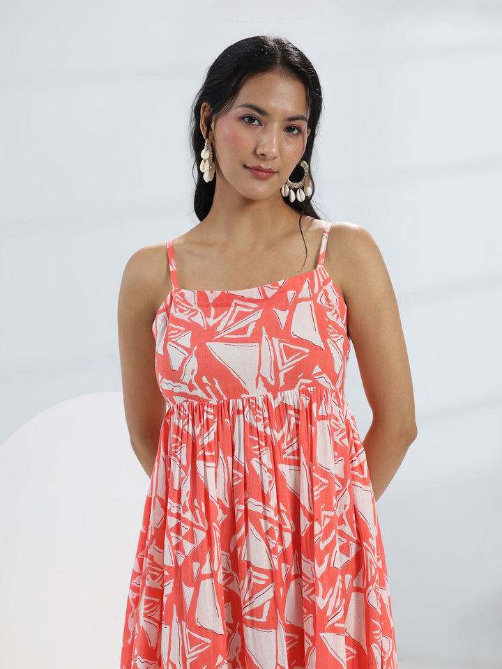 Peach Abstract Printed Cotton A-Line One-Piece Tiered Dress