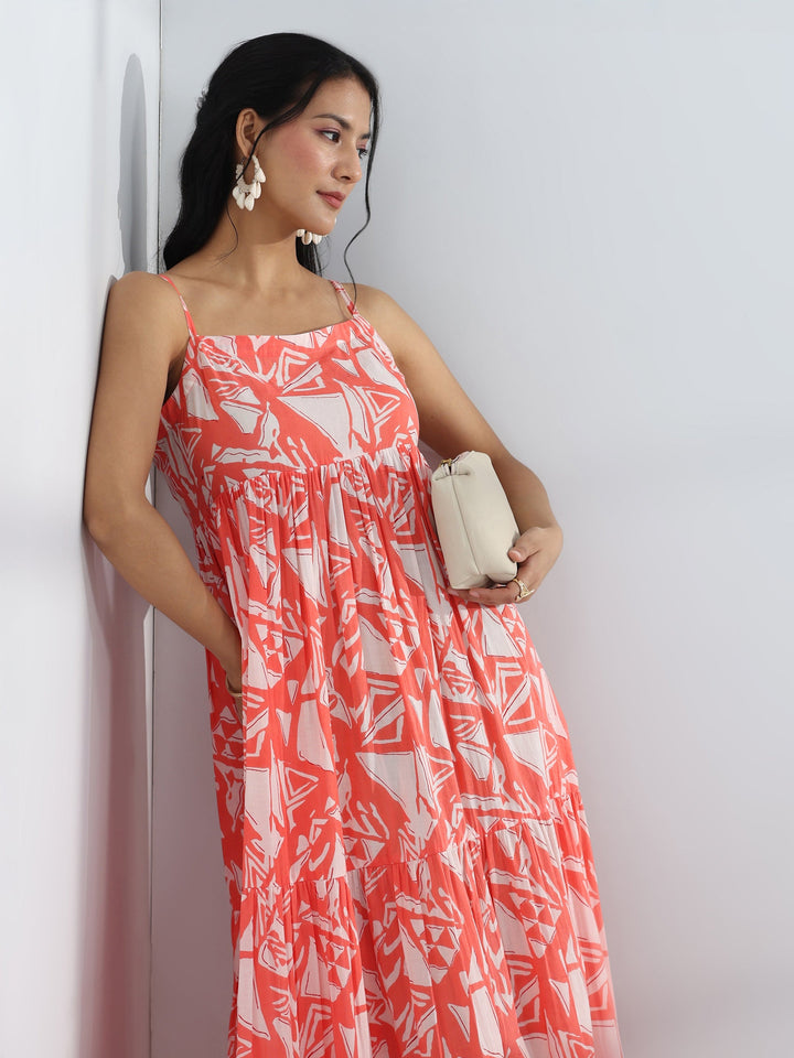 Peach Abstract Printed Cotton A-Line One-Piece Tiered Dress