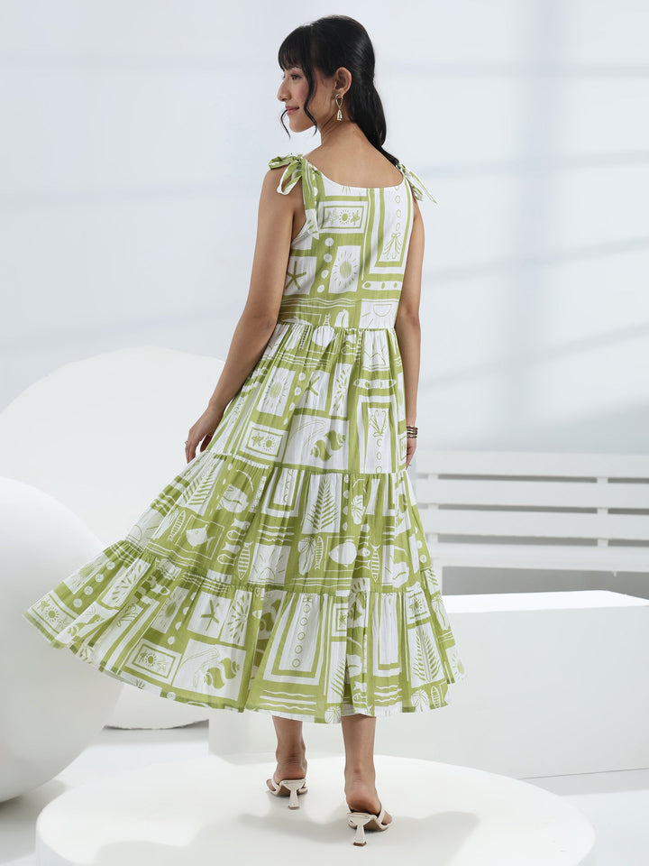 Green Abstract Printed Cotton One-Piece Dress