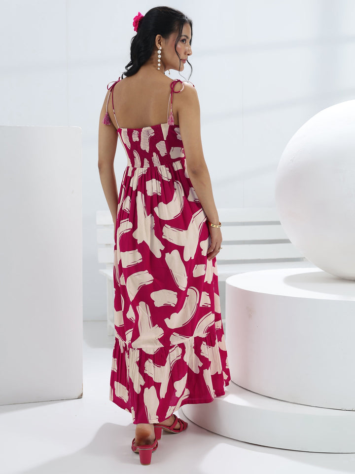 Pink Abstract Printed Cotton A-Line One-Piece Dress