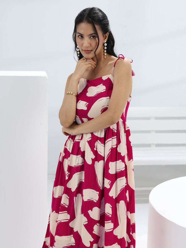 Pink Abstract Printed Cotton A-Line One-Piece Dress