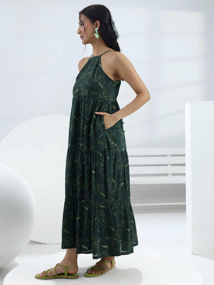 Green Printed Cotton A-Line One-Piece Dress