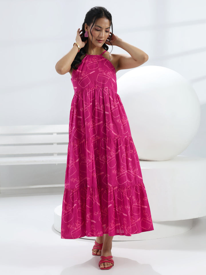 Pink Printed Cotton A-Line One-Piece Dress