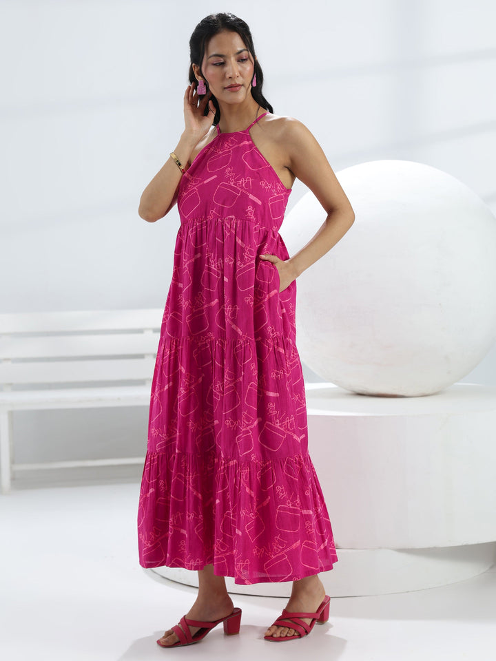 Pink Printed Cotton A-Line One-Piece Dress