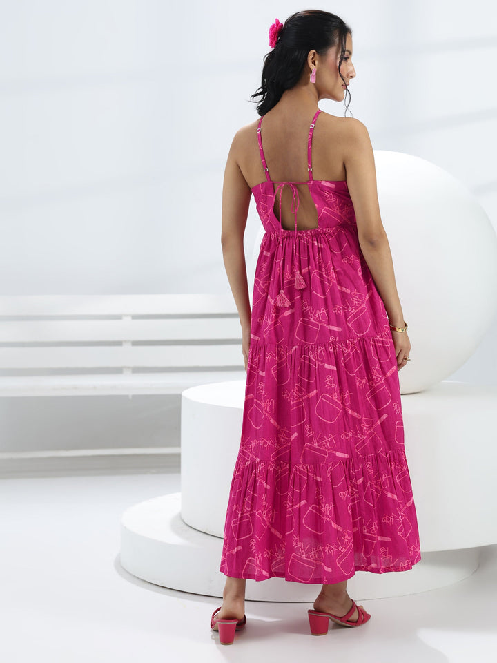 Pink Printed Cotton A-Line One-Piece Dress