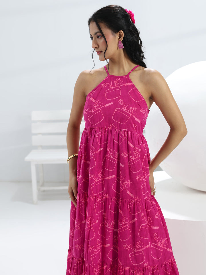 Pink Printed Cotton A-Line One-Piece Dress