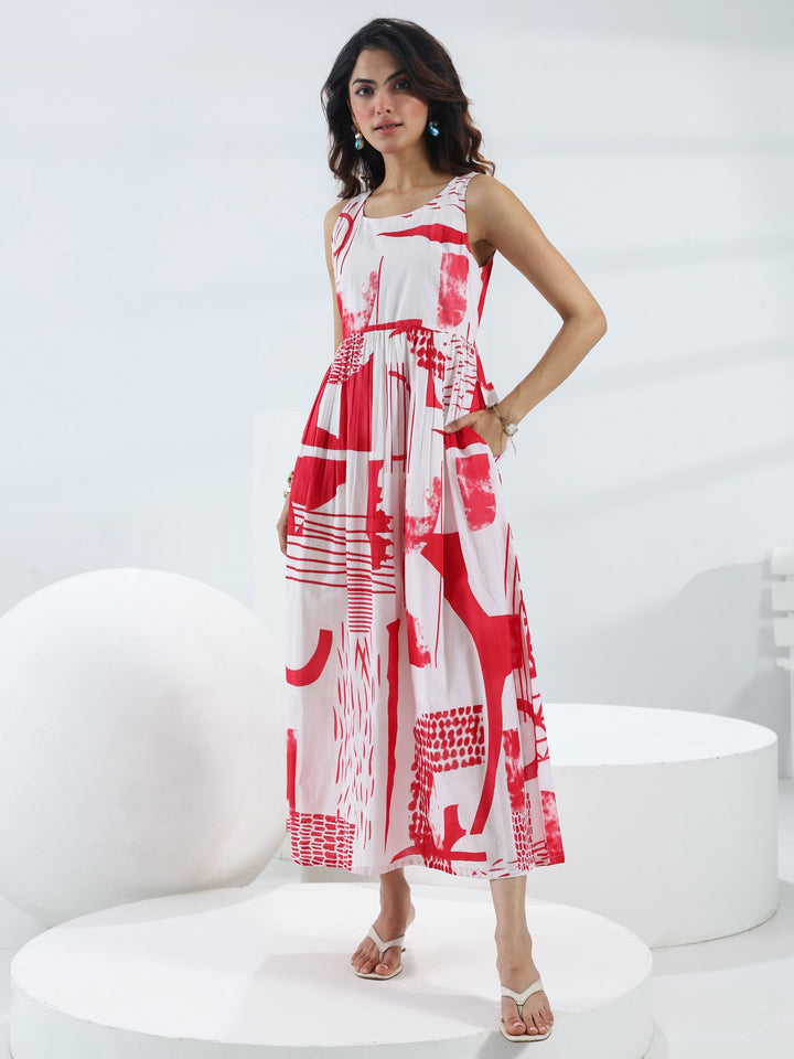 Red Abstract Printed Cotton Fit And Flare One Piece Dress