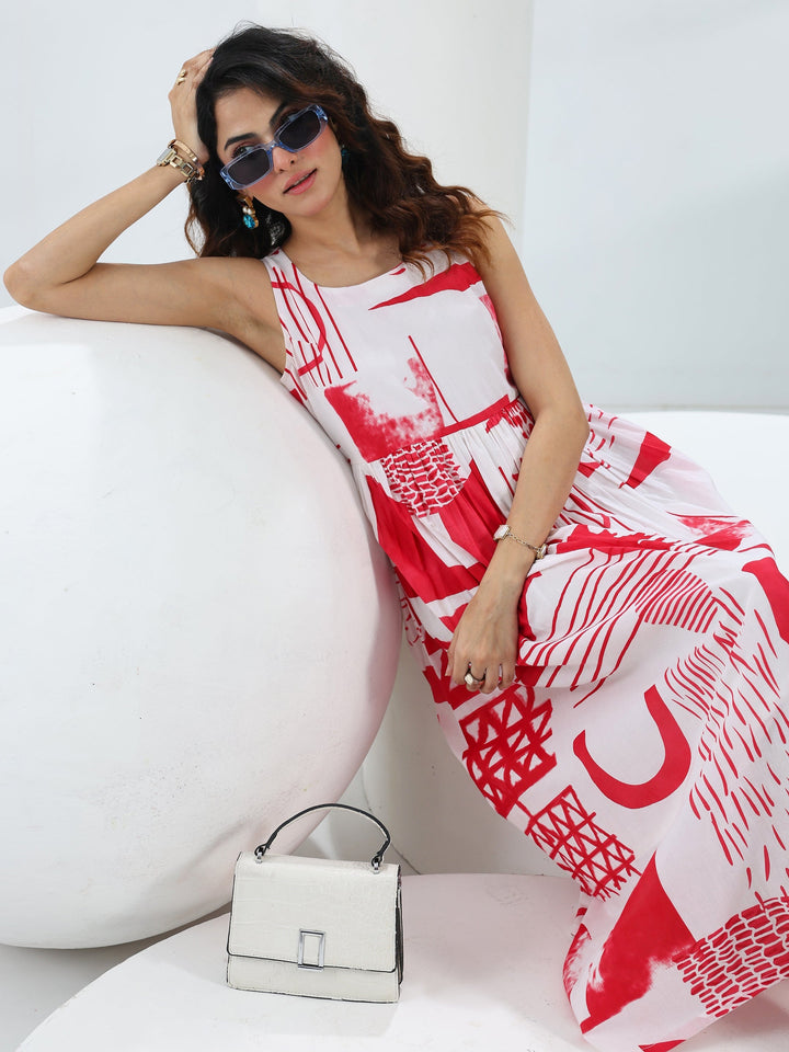 Red Abstract Printed Cotton Fit And Flare One Piece Dress