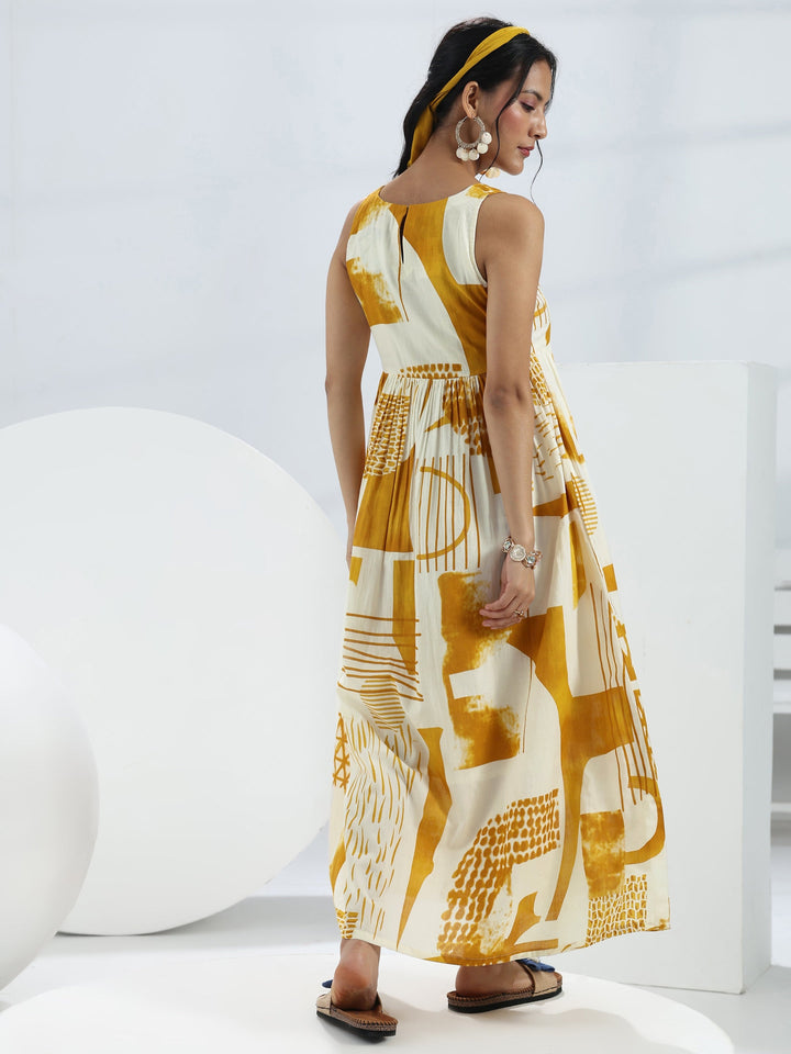 Yellow Abstract Printed Cotton A-Line One-Piece Dress