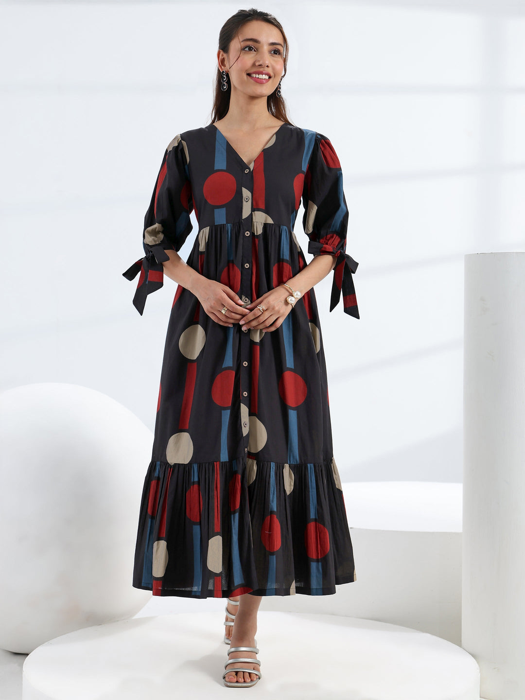 Black Quirky Printed Cotton A-Line One Piece Dress