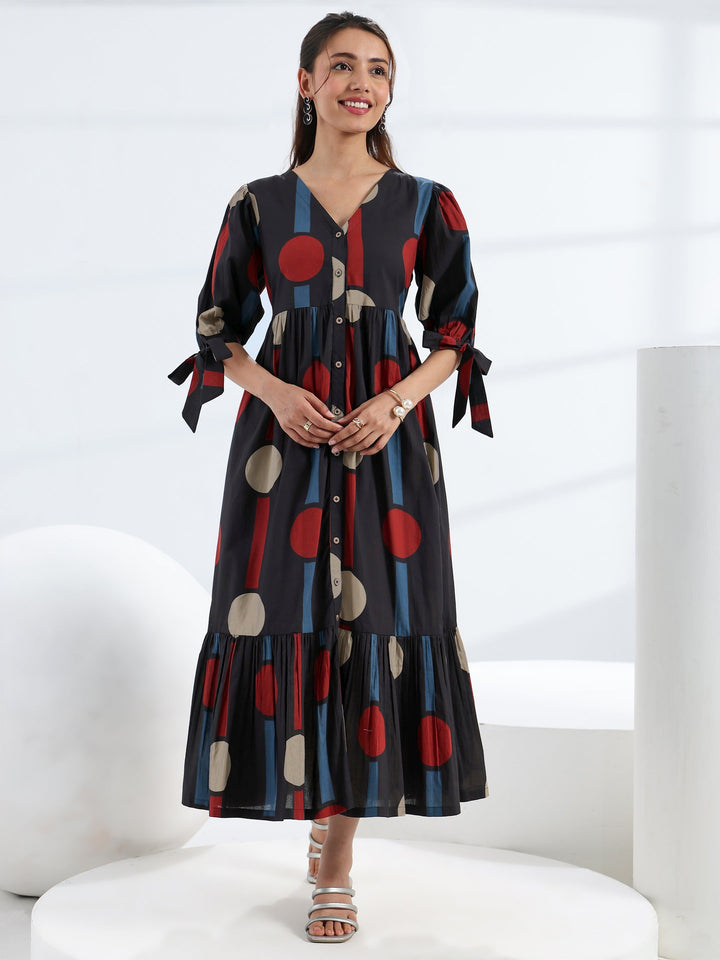 Black Quirky Printed Cotton A-Line One Piece Dress