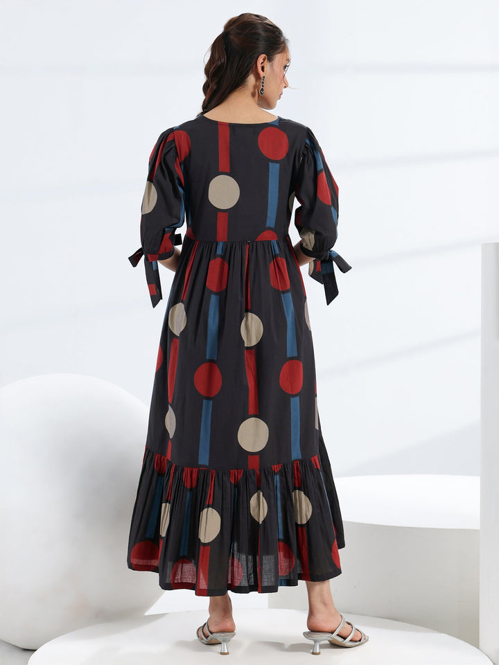 Black Quirky Printed Cotton A-Line One Piece Dress