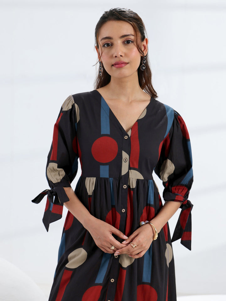 Black Quirky Printed Cotton A-Line One Piece Dress