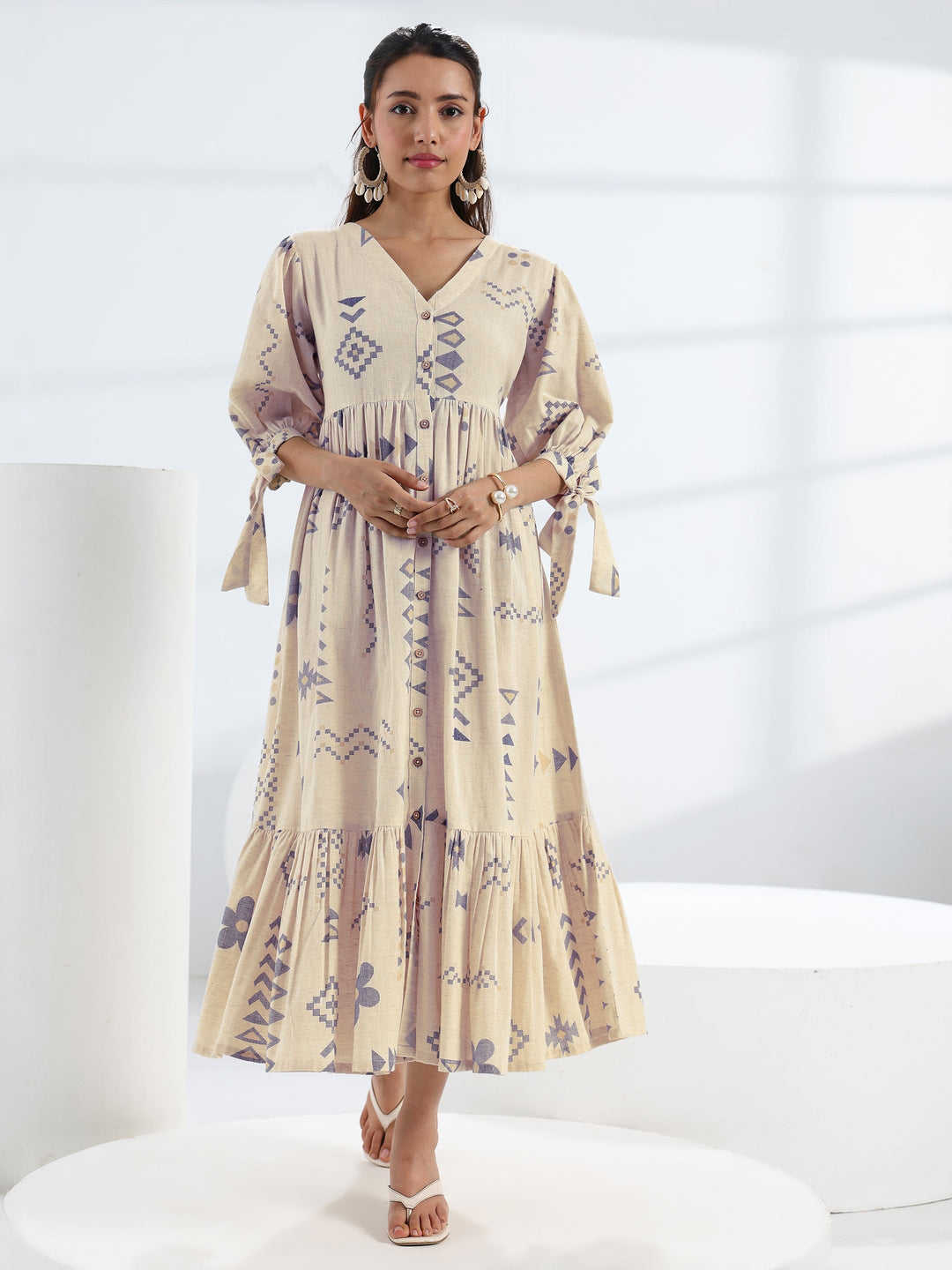 Off White Abstract Printed  Cotton A-Line One Piece Dress
