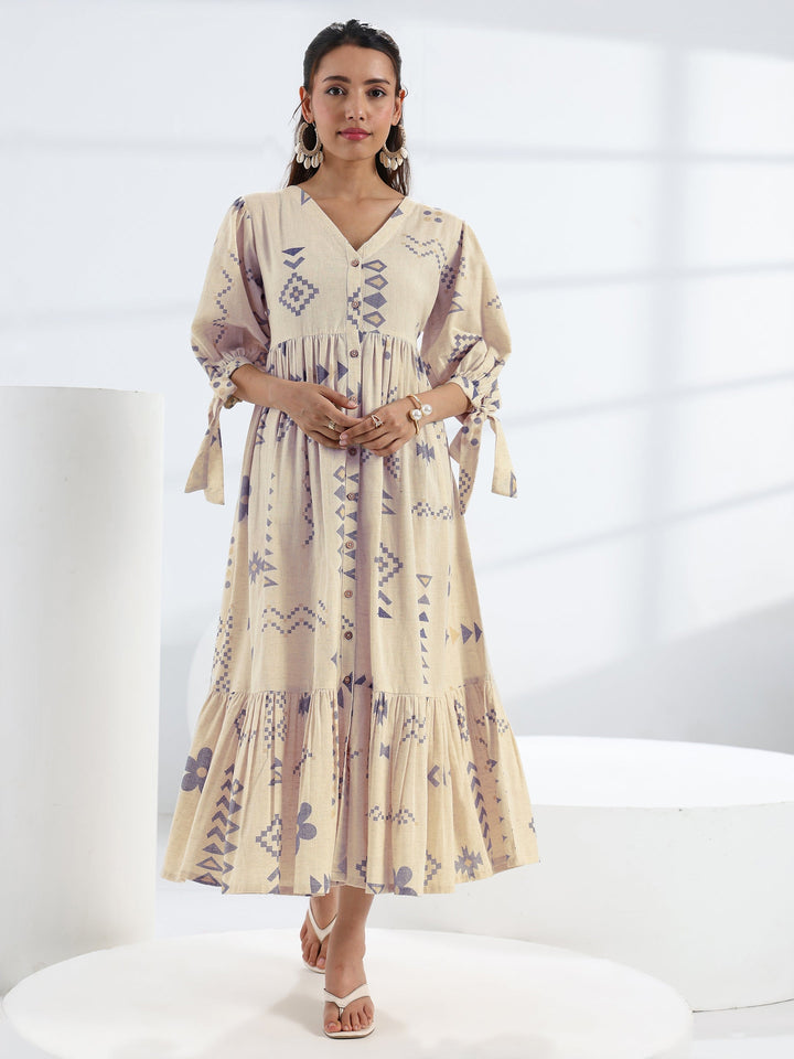 Off White Abstract Printed  Cotton A-Line One Piece Dress