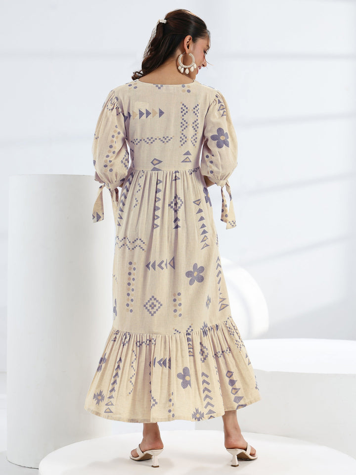 Off White Abstract Printed  Cotton A-Line One Piece Dress