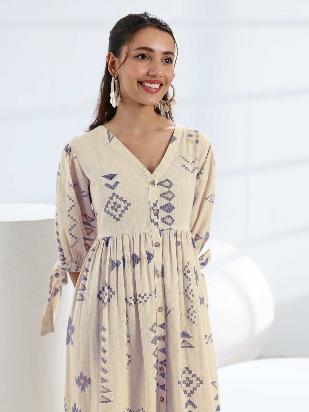 Off White Abstract Printed  Cotton A-Line One Piece Dress