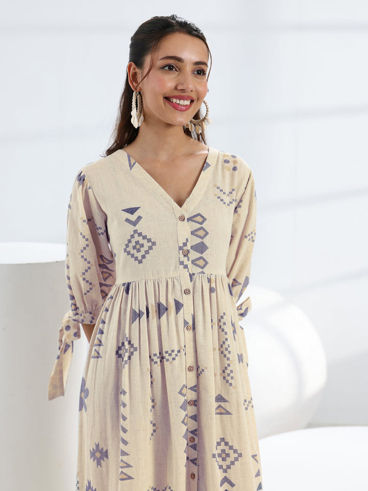 Off White Abstract Printed  Cotton A-Line One Piece Dress
